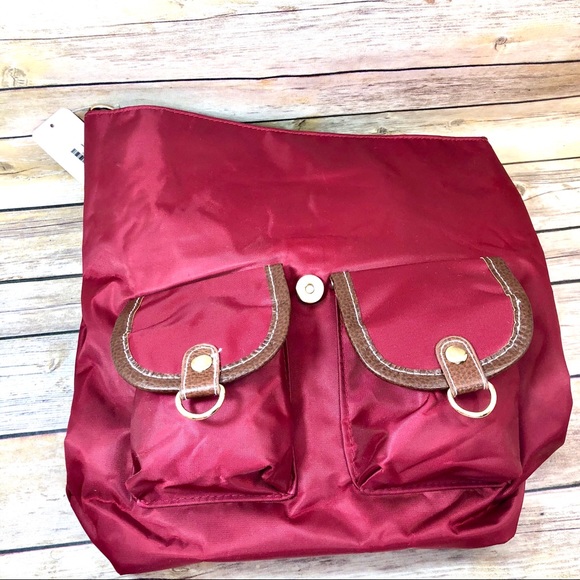 New Ashley Fox burgundy red w/brown trim multi-pocket backpack NWT - Picture 7 of 8